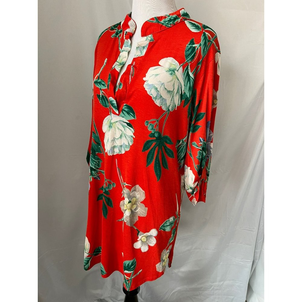 E'loges Collared Peek-a-boo V-Neck Floral Stretchy Short Sleeve Dress/Long Shirt - Picture 9 of 12